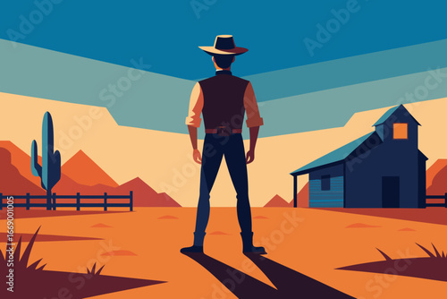 A cartoon scene of a cowboy ranch vector illustration
