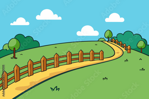 A scenic cartoon countryside road with wooden fences vector illustration