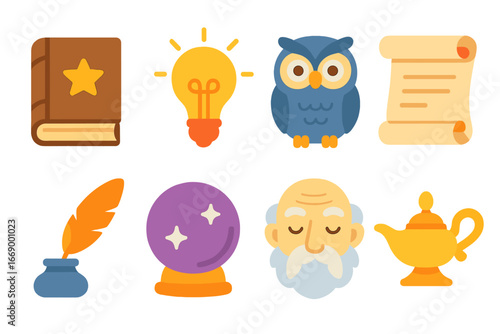 Icons of Eternal Wisdom. Flat vector mini-illustrations eternal wisdom in colors children's illustrations: ancient book, glowing
