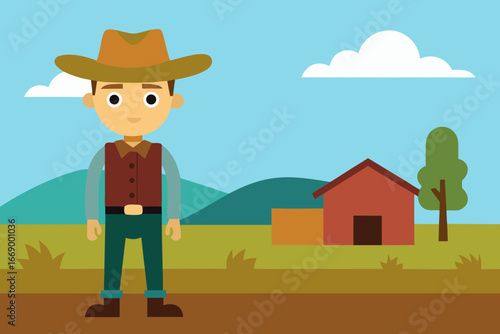A sprawling cartoon cowboy ranch landscape vector illustration