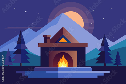 A cartoon illustration of a cozy fireplace scene vector illustration