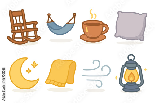 Evening Relaxation Icons. Flat vector mini-illustrations evening relaxation in colors children's illustrations: rocking chair,