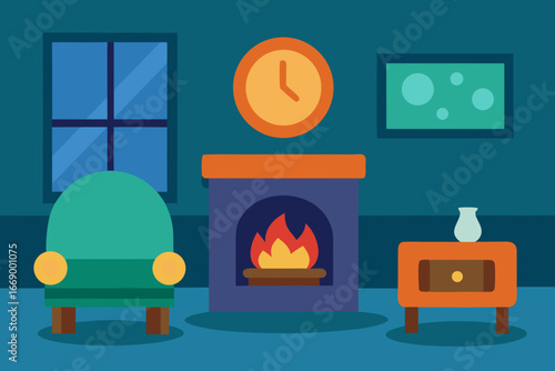 A cartoon cozy living room background with a fireplace vector illustration