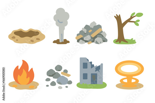 Explosion Aftermath Icons. Flat vector mini-illustrations explosion aftermath in colors children's illustrations: craters, smoke