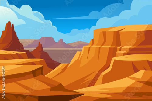 A cartoon desert canyon background with rocky cliffs vector illustration