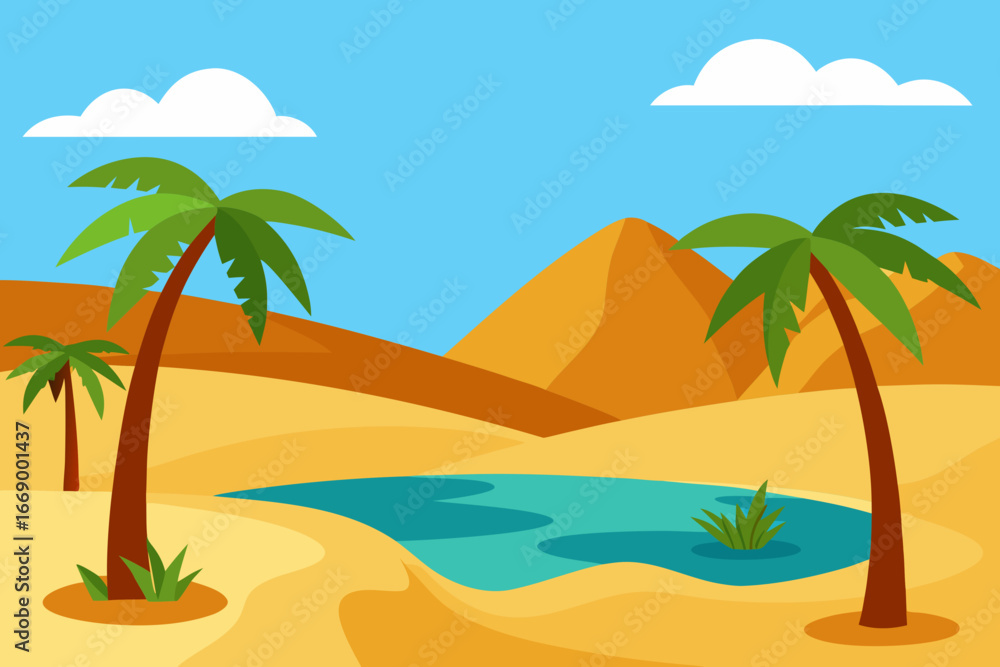 Obraz premium A cartoon desert oasis with palm trees vector illustration