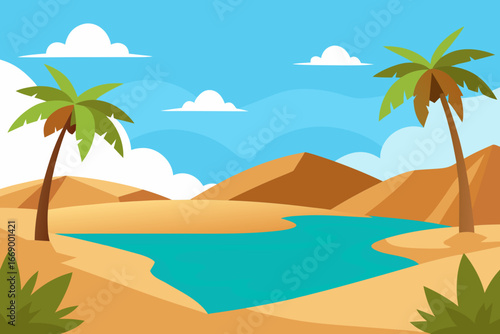 A cartoon desert oasis background with palm trees and water vector illustration