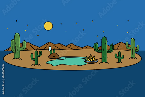 A magical cartoon background of a desert oasis at night vector illustration
