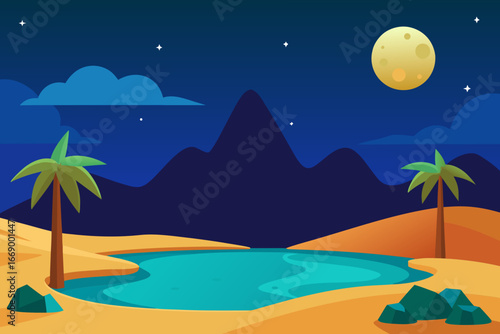 A cartoon desert oasis night background vector illustration