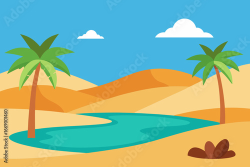 A lush cartoon desert oasis filled with palm trees vector illustration