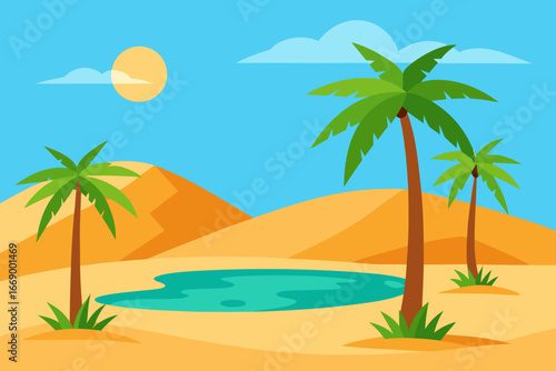 A beautiful cartoon landscape of a desert oasis with palm trees vector illustration