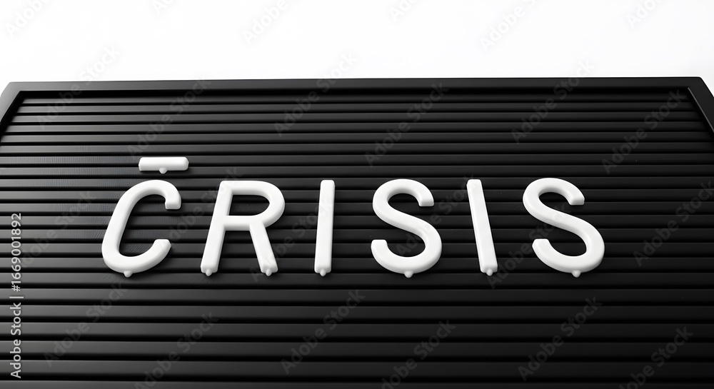 Fototapeta premium The word CRISIS spelled out in white 3D letters on a black ribbed letter board, symbolizing a challenging situation.