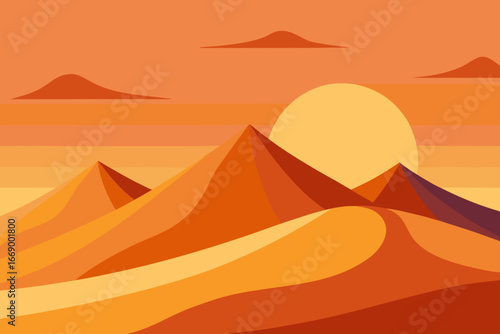 A vibrant sunrise over a cartoon dune desert vector illustration