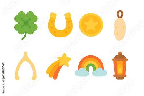 Good Luck Icons. Flat vector mini-illustrations good luck blessing in colors children's illustrations: four-leaf clover, horseshoe
