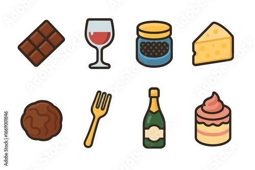 Gourmet Delights Icons. Flat vector mini-illustrations refined foods in colors children's illustrations: gourmet chocolate,
