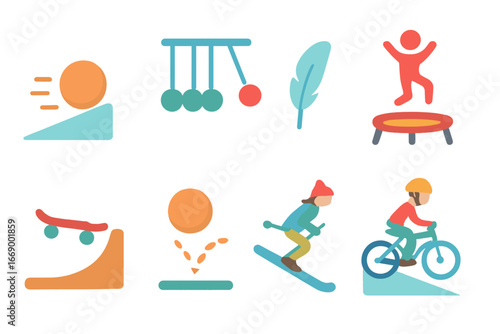 Gravity Motion Illustrations. Flat vector mini-illustrations gravity and motion in colors children's illustrations: rolling ball,