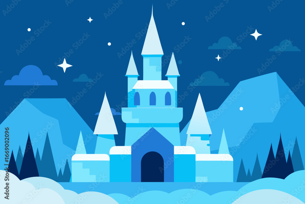 Naklejka premium A cartoon enchanted ice castle background vector illustration