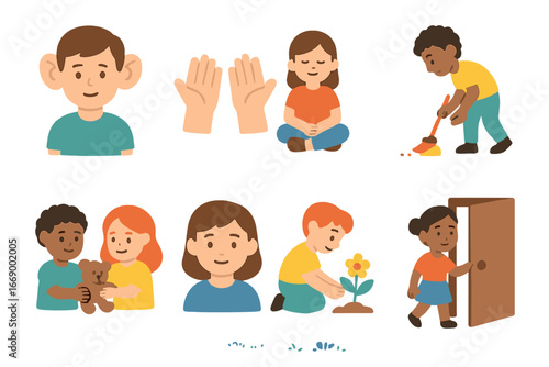 Humility in Action. Flat vector mini-illustrations Humility in daily life in colors children's illustrations: listening ears,