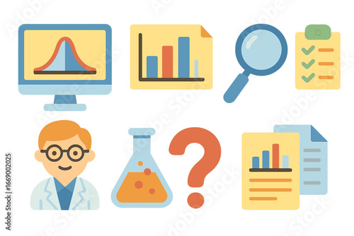 Hypothesis Testing Icons. Flat vector mini-illustrations hypothesis testing in colors children's illustrations: computer screen,