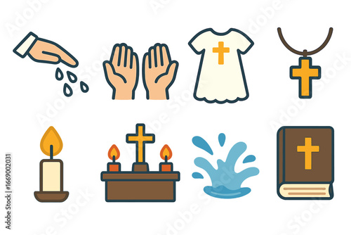 Holy Water Ceremony Icons. Flat vector mini-illustrations holy water ceremony in colors children's illustrations: priest’s hand