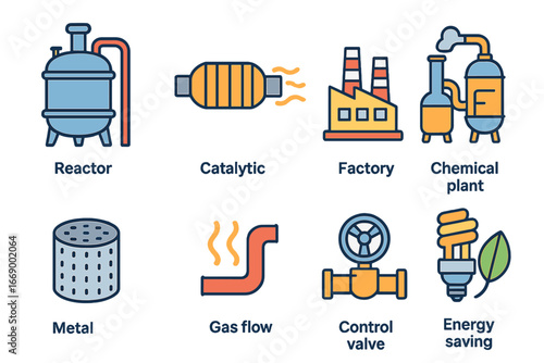 Industrial Catalyst Icons. Flat vector mini-illustrations catalyst in industry in colors children's illustrations: industrial