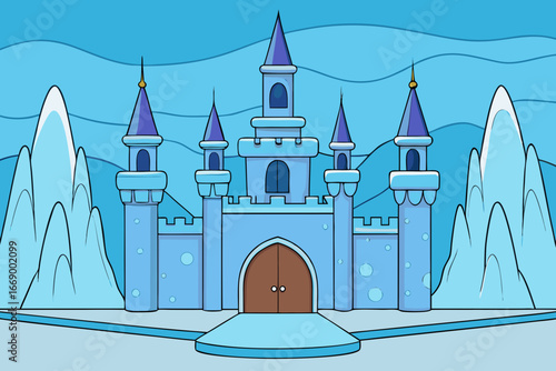 A magical cartoon background of an enchanted ice castle vector illustration