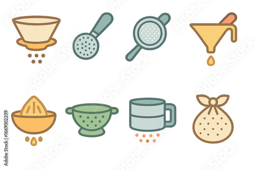 Kid's Kitchen Filters. Flat vector mini-illustrations filtration in cooking in colors children's illustrations: coffee filter, tea