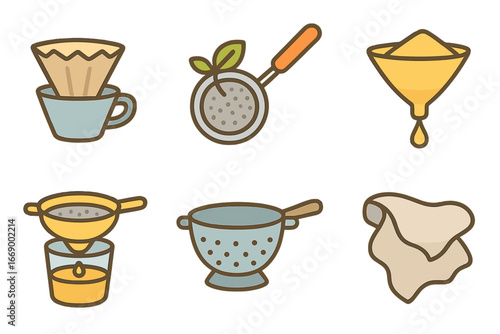 Kid's Kitchen Filters. Flat vector mini-illustrations filtration in cooking in colors children's illustrations: coffee filter, tea
