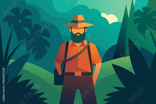 A cartoon illustration of an explorer in the jungle vector illustration