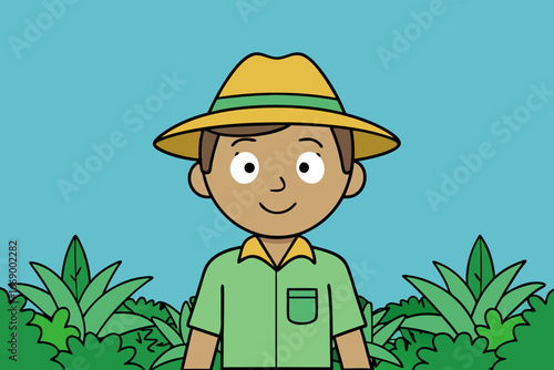 A brave cartoon explorer in a dense jungle vector illustration