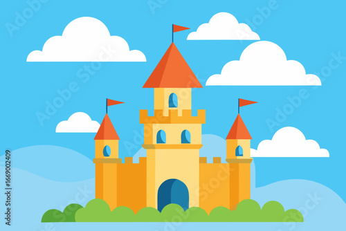 A cartoon fantasy castle background with clouds vector illustration