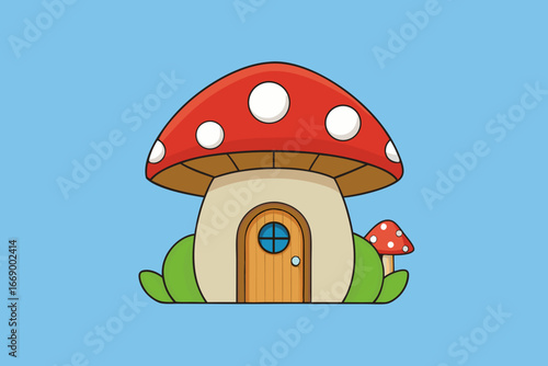 A whimsical cartoon background of a fairytale mushroom house vector illustration