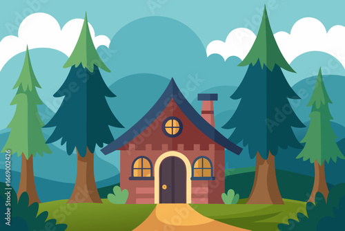 A cartoon fairytale cottage in the woods background vector illustration