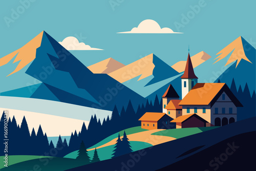 A simple cartoon background of a fairytale mountain village vector illustration