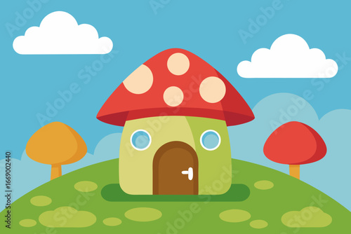A cartoon fairytale mushroom house background vector illustration