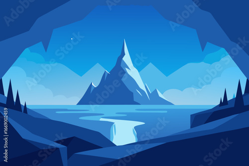 A simple cartoon illustration of an icy mountain cave in a fantasy setting vector illustration