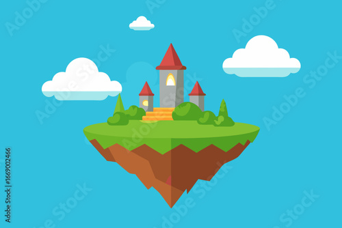 A cartoon fantasy island floating in the sky background vector illustration