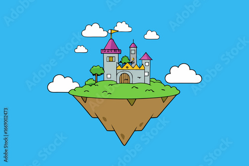 A magical cartoon background of a fantasy island floating in the sky vector illustration