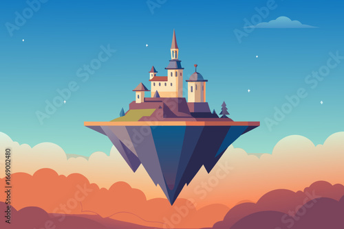 A simple cartoon illustration of a fantasy island floating in the sky vector illustration