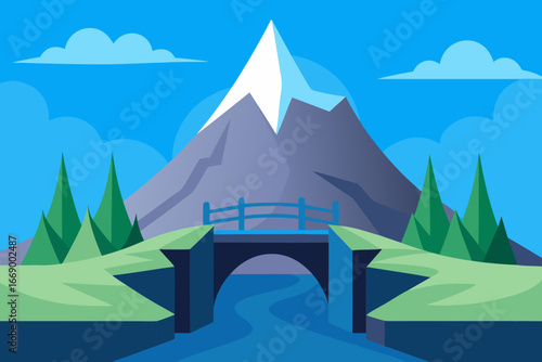 A cartoon fantasy mountain bridge background vector illustration