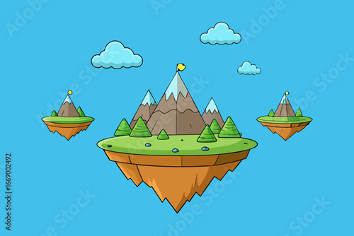 A magical cartoon background of a fantasy mountain with floating islands vector illustration