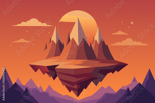 A simple cartoon illustration of a fantasy mountain with floating islands vector illustration