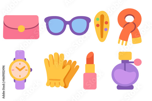 Kids Glam Accessories. Flat vector mini-illustrations glam accessories in colors children's illustrations: clutch purse,