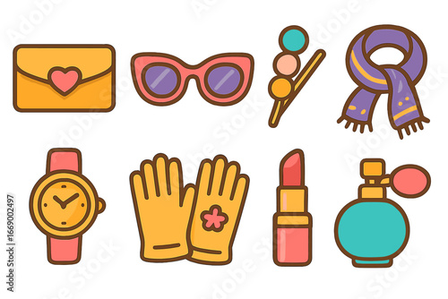 Kids Glam Accessories. Flat vector mini-illustrations glam accessories in colors children's illustrations: clutch purse,