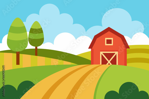 A simple cartoon of farmland with a barn in the distance vector illustration