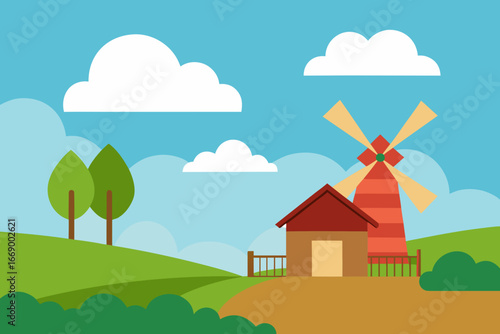 A cartoon illustration of farmland with a windmill vector illustration