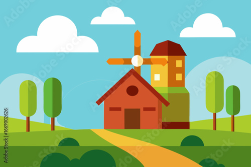 A scenic cartoon farmland with a tall windmill vector illustration