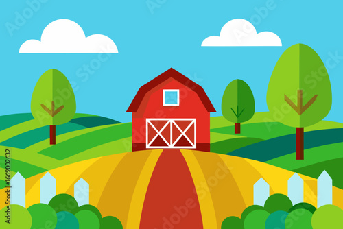 A scenic cartoon farmland with a classic red barn vector illustration