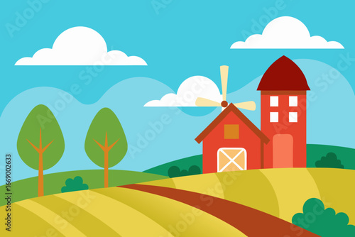 A simple cartoon of farmland with a windmill vector illustration