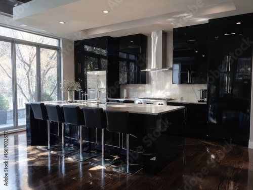 A modern kitchen boasts sle...